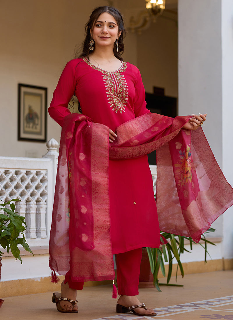 Vegaa Fashion Red Viscose Silk Beads Work Desginer Suit | Grocsy