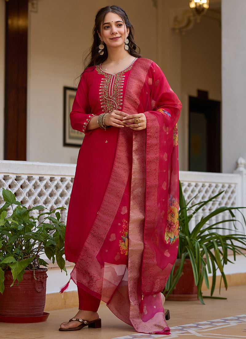 Vegaa Fashion Red Viscose Silk Beads Work Desginer Suit | Grocsy