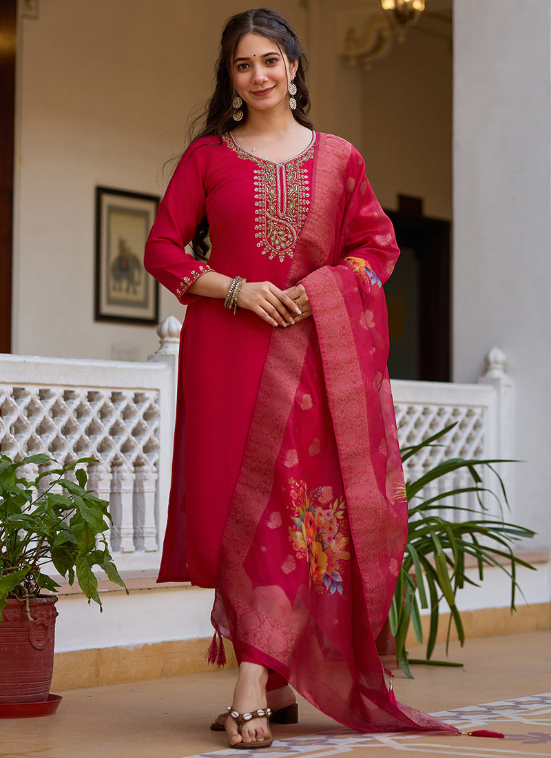 Vegaa Fashion Red Viscose Silk Beads Work Desginer Suit | Grocsy