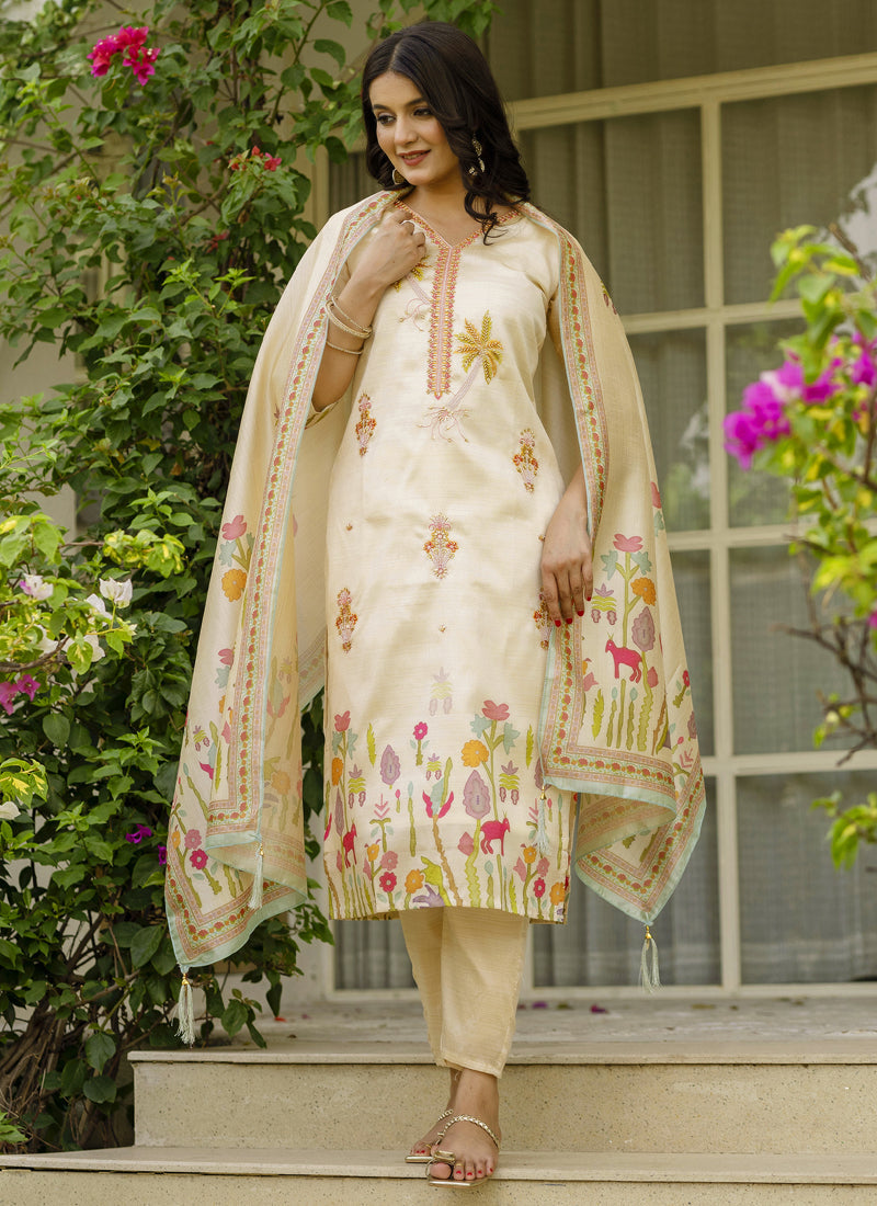 Vegaa Fashion Cream Viscose Silk Beads Work Desginer Suit | Grocsy