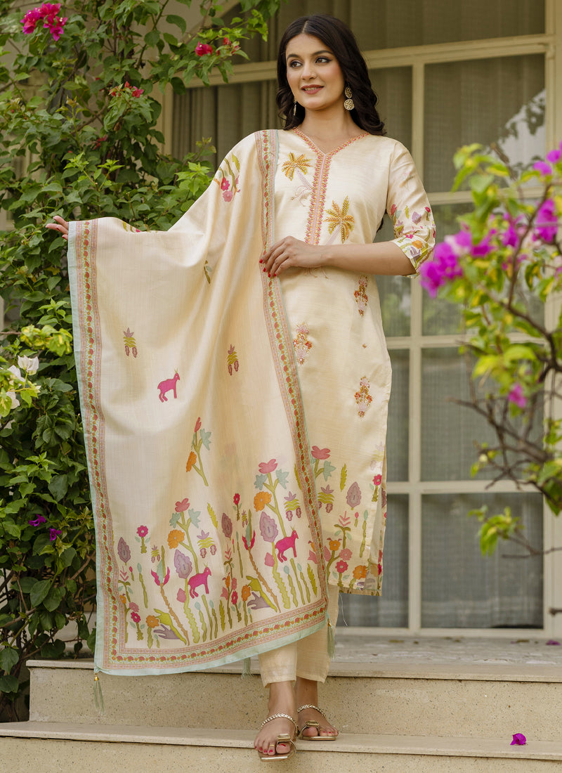 Vegaa Fashion Cream Viscose Silk Beads Work Desginer Suit | Grocsy