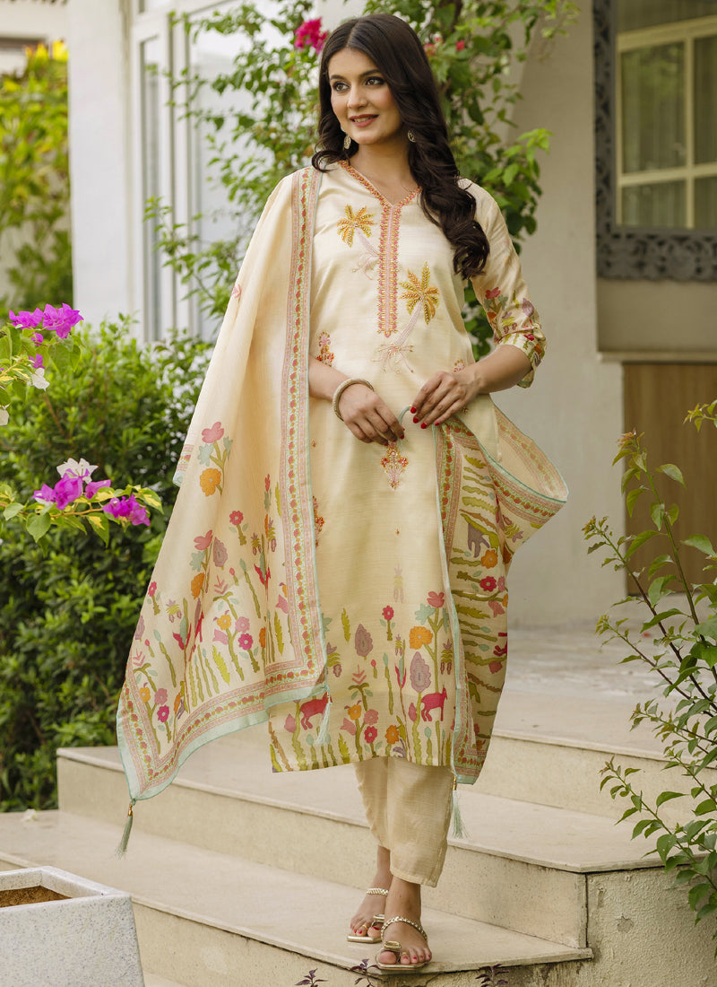 Vegaa Fashion Cream Viscose Silk Beads Work Desginer Suit | Grocsy
