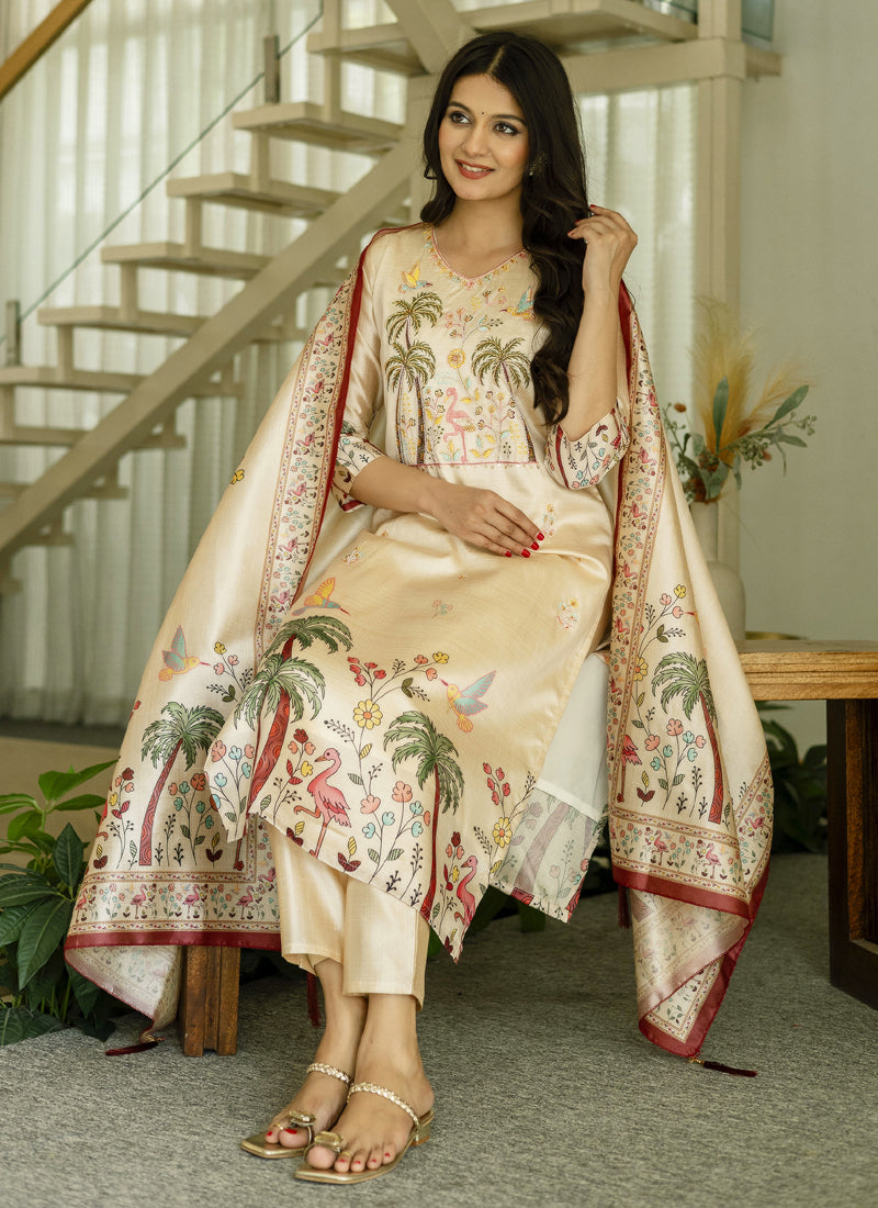 Vegaa Fashion Cream Viscose Silk Beads Work Desginer Suit | Grocsy