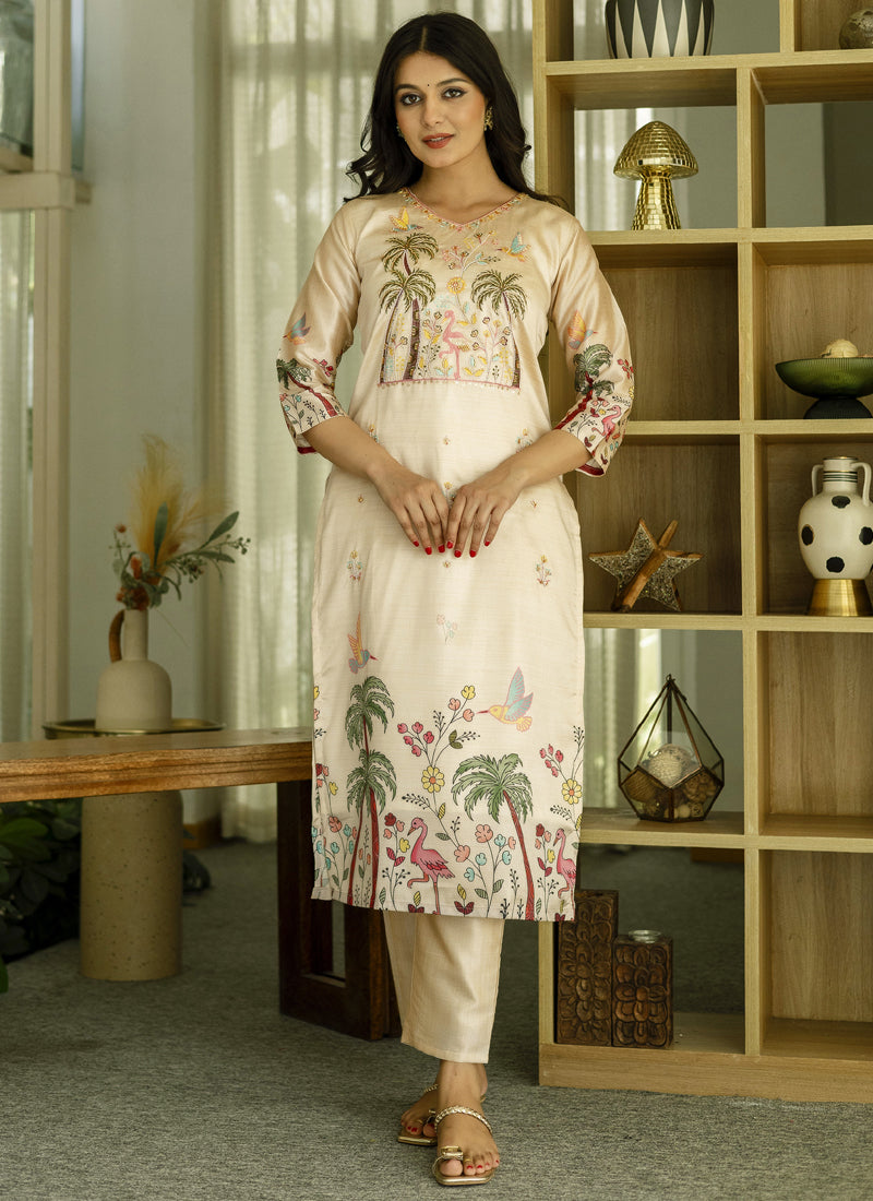 Vegaa Fashion Cream Viscose Silk Beads Work Desginer Suit | Grocsy