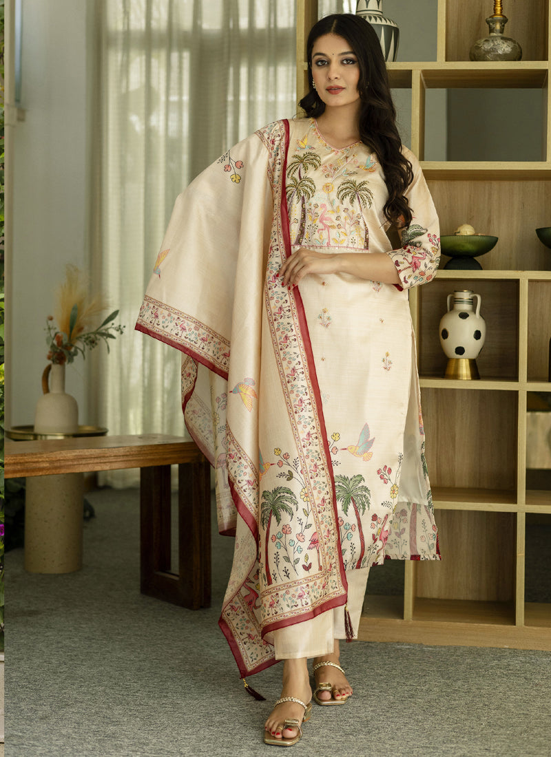 Vegaa Fashion Cream Viscose Silk Beads Work Desginer Suit | Grocsy