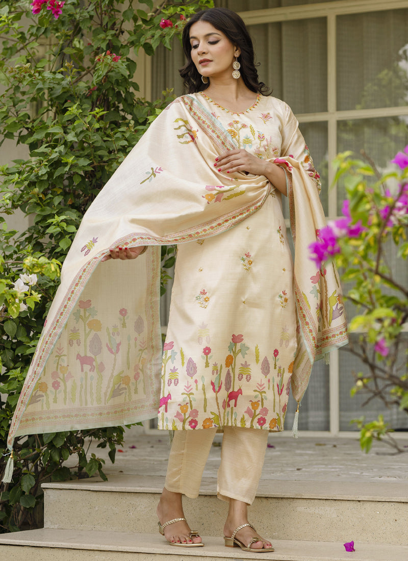 Vegaa Fashion Cream Viscose Silk Beads Work Desginer Suit | Grocsy