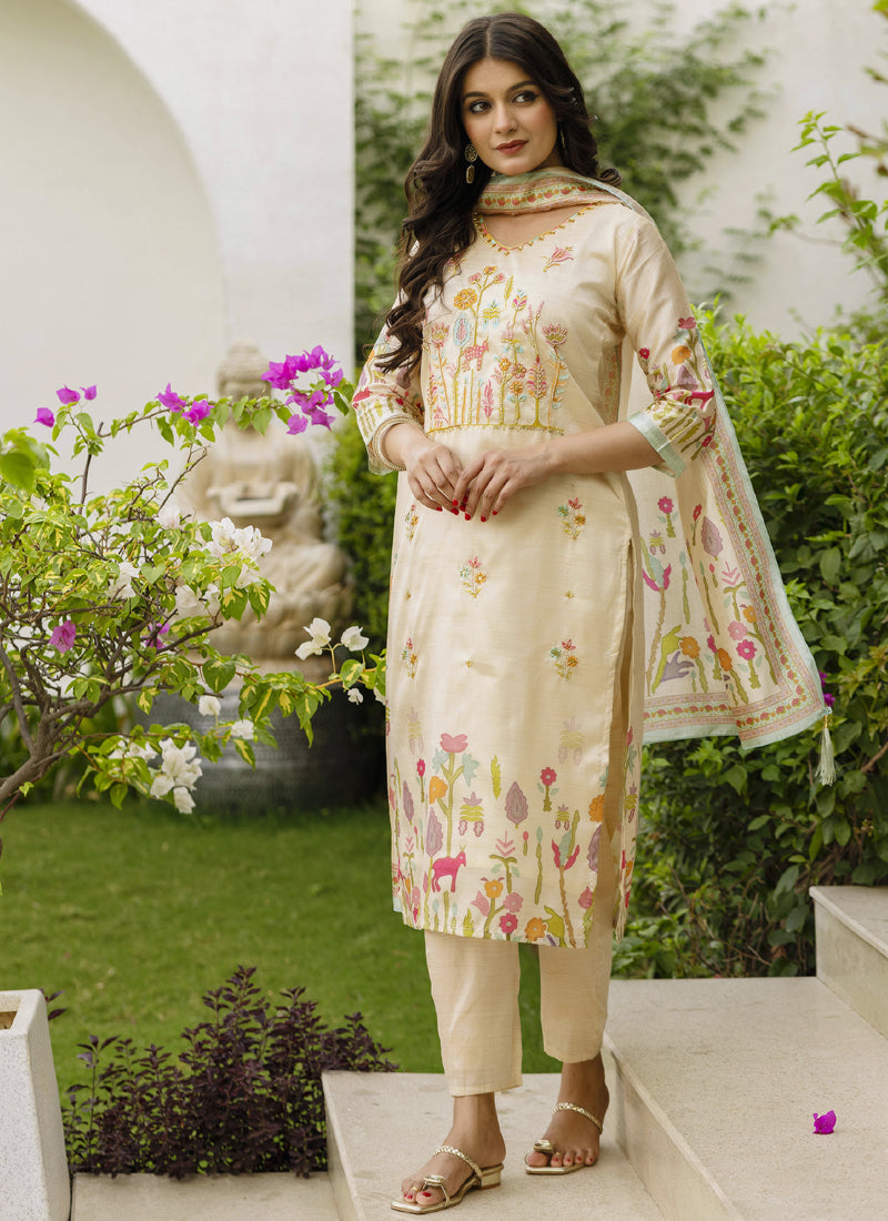 Vegaa Fashion Cream Viscose Silk Beads Work Desginer Suit | Grocsy