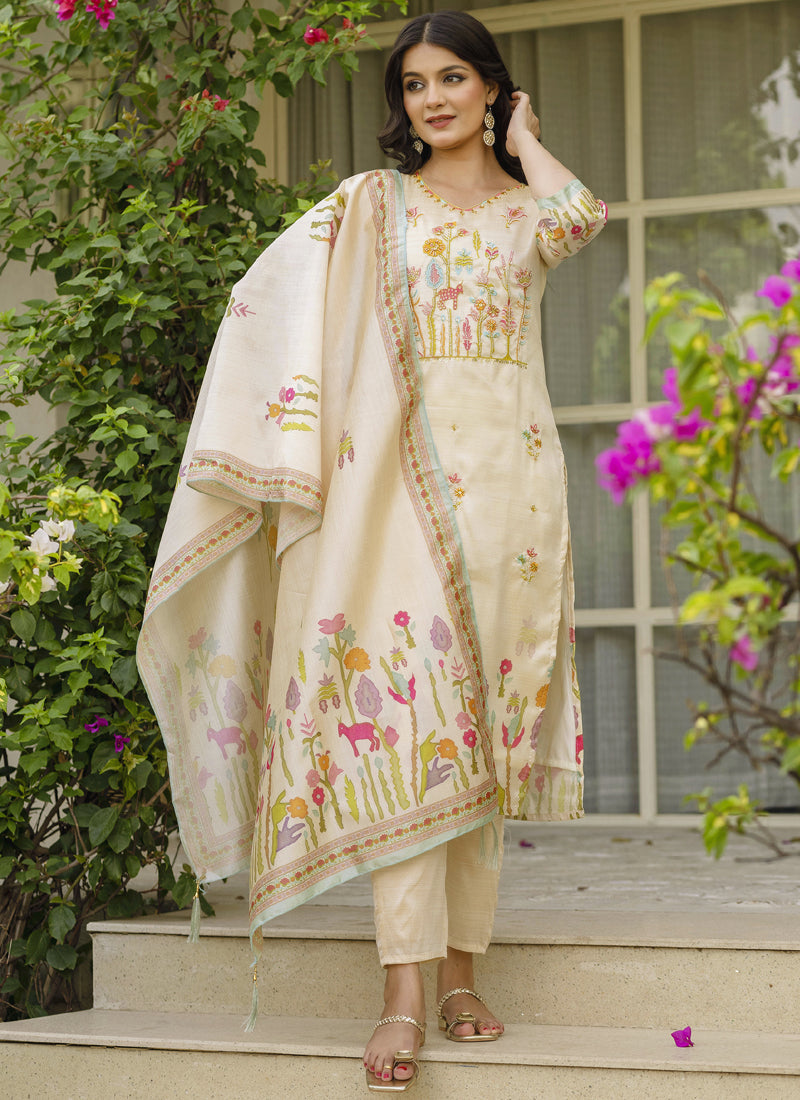 Vegaa Fashion Cream Viscose Silk Beads Work Desginer Suit | Grocsy
