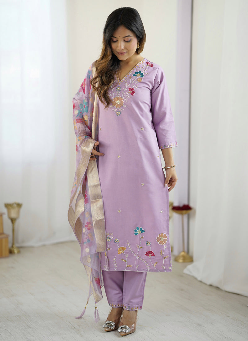 Vegaa Fashion Lavender Viscose Silk Beads Work Desginer Suit | Grocsy