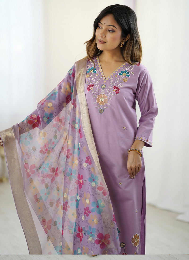 Vegaa Fashion Lavender Viscose Silk Beads Work Desginer Suit | Grocsy