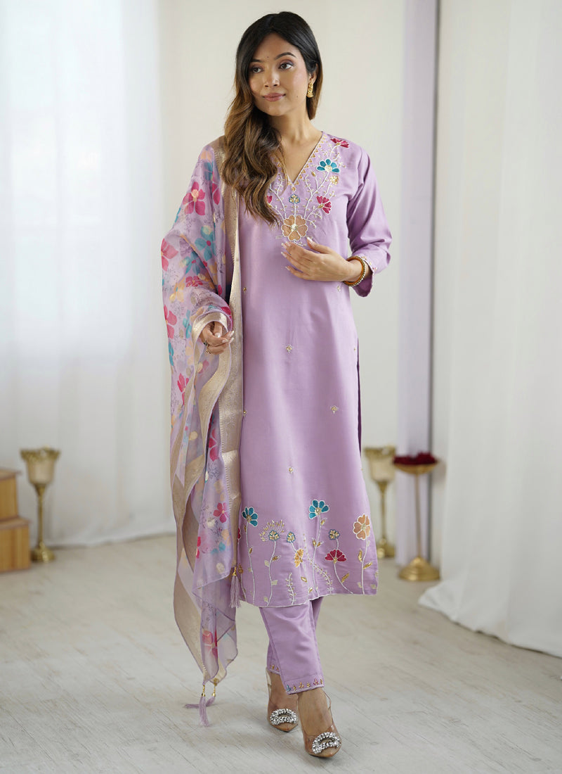 Vegaa Fashion Lavender Viscose Silk Beads Work Desginer Suit | Grocsy