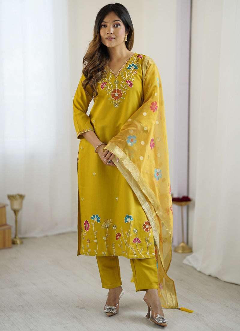 Vegaa Fashion Yellow Viscose Silk Beads Work Desginer Suit | Grocsy