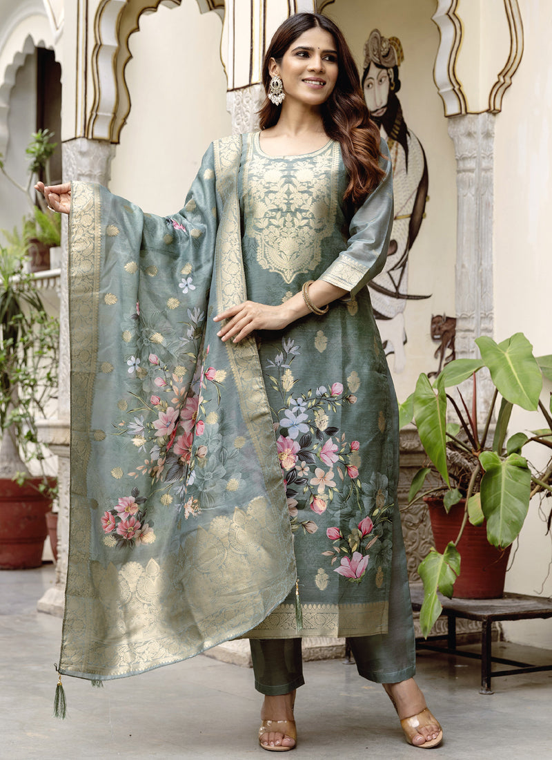 Vegaa Fashion Light Grey Viscose Silk Beads Work Desginer Suit | Grocsy