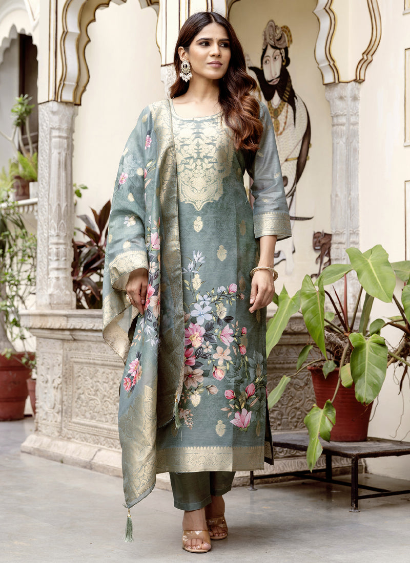 Vegaa Fashion Light Grey Viscose Silk Beads Work Desginer Suit | Grocsy