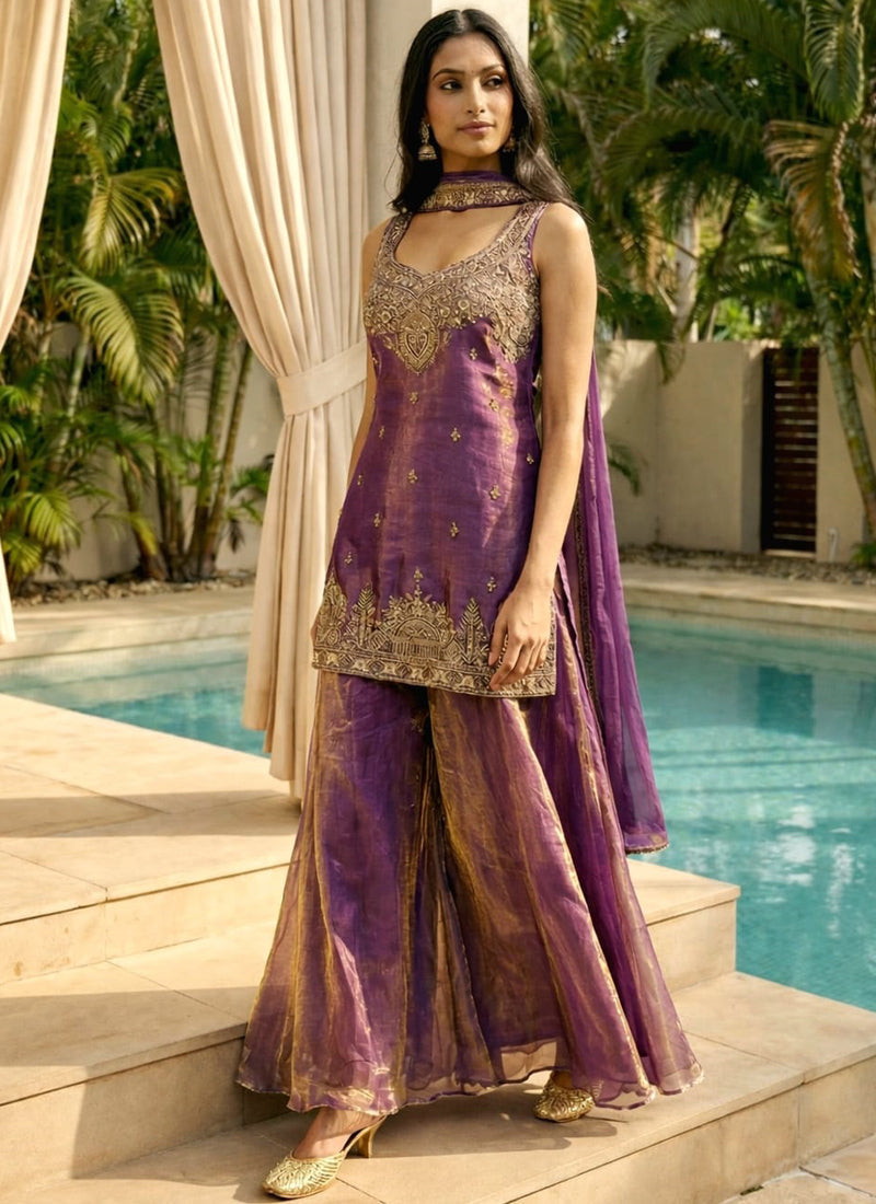 Vegaa Fashion Light-Purple Embroidered Satin Palazzo Suit | Grocsy