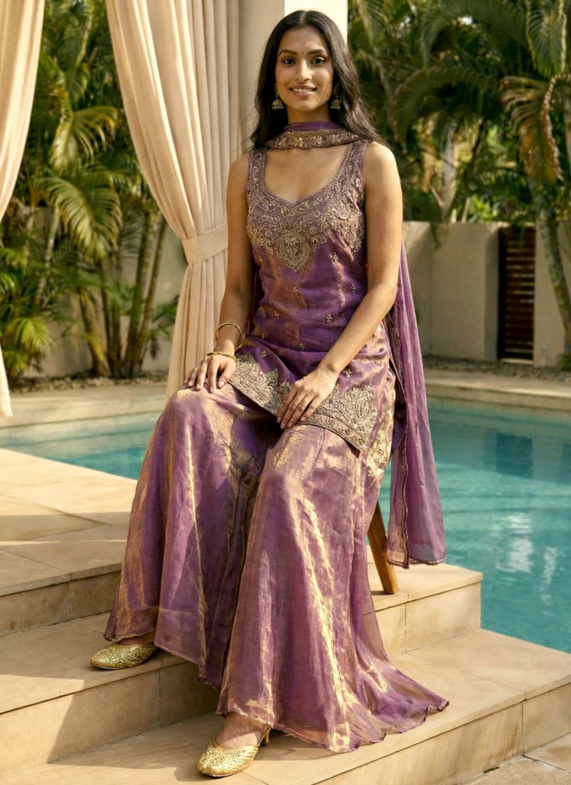 Vegaa Fashion Light-Purple Embroidered Satin Palazzo Suit | Grocsy