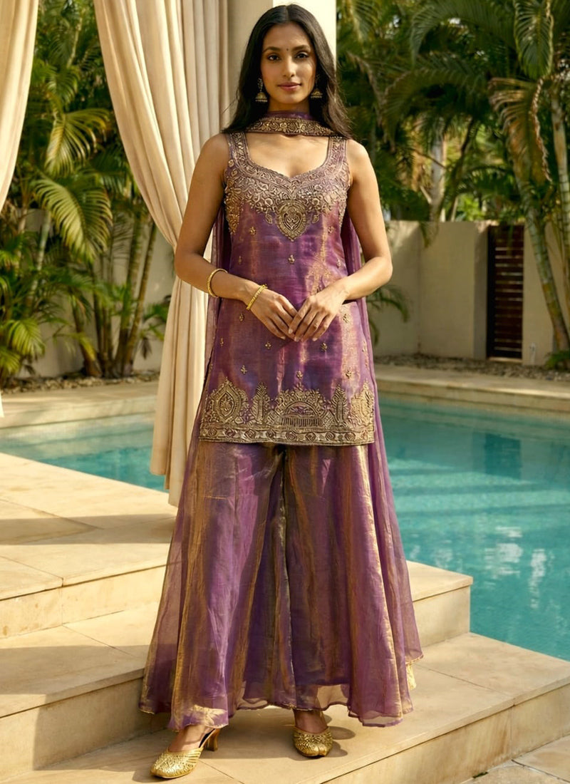 Vegaa Fashion Light-Purple Embroidered Satin Palazzo Suit | Grocsy