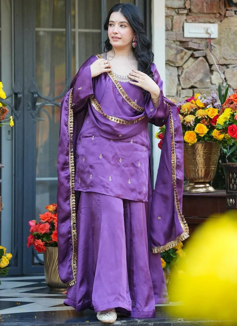 Vegaa Fashion Purple Embroidered Fendi Silk Salwar Suit | Grocsy