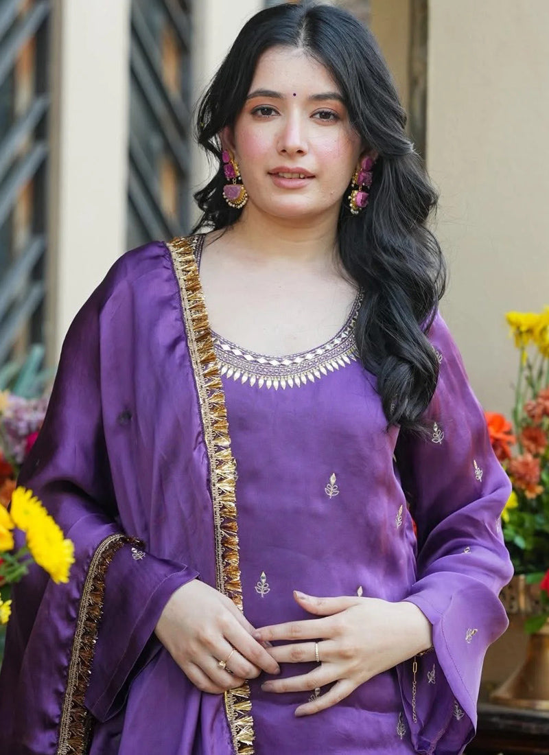 Vegaa Fashion Purple Embroidered Fendi Silk Salwar Suit | Grocsy