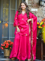 Vegaa Fashion Rani-Pink Embroidered Fendi Silk Salwar Suit | Grocsy