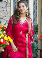 Vegaa Fashion Rani-Pink Embroidered Fendi Silk Salwar Suit | Grocsy