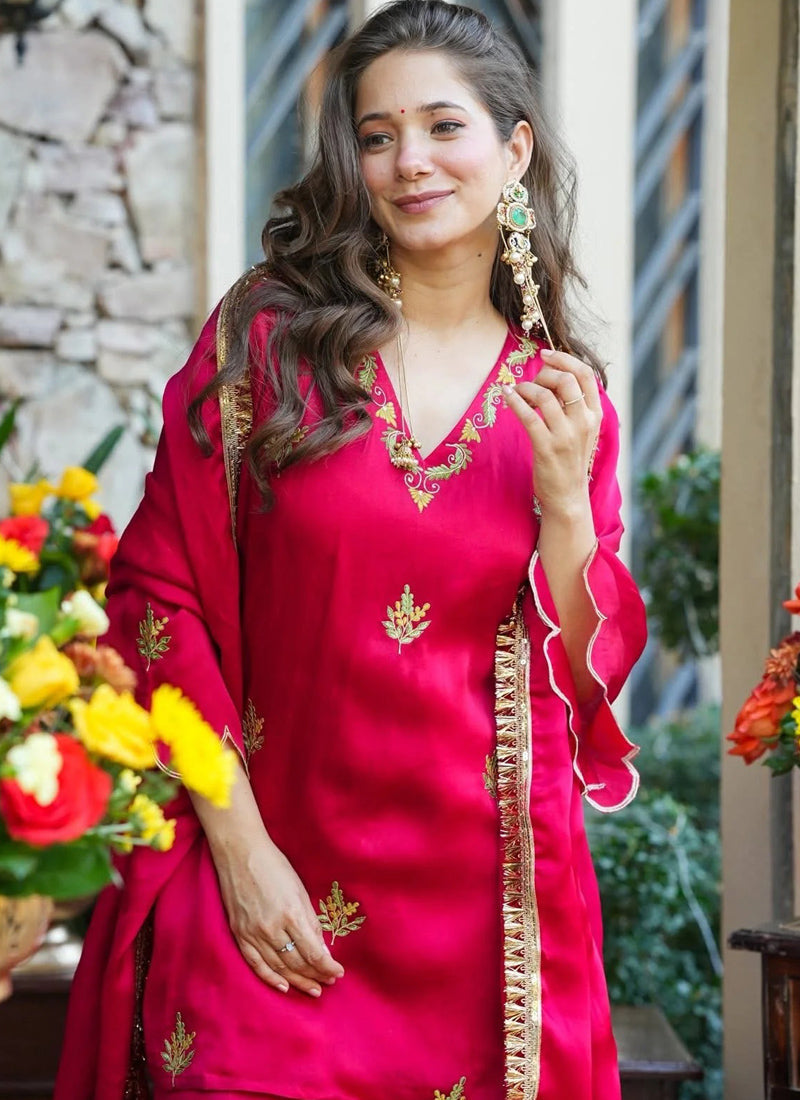 Vegaa Fashion Rani-Pink Embroidered Fendi Silk Salwar Suit | Grocsy