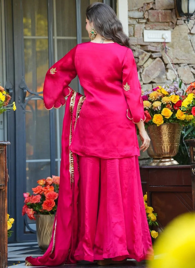Vegaa Fashion Rani-Pink Embroidered Fendi Silk Salwar Suit | Grocsy