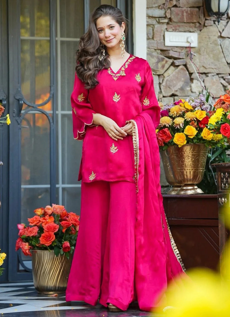 Vegaa Fashion Rani-Pink Embroidered Fendi Silk Salwar Suit | Grocsy