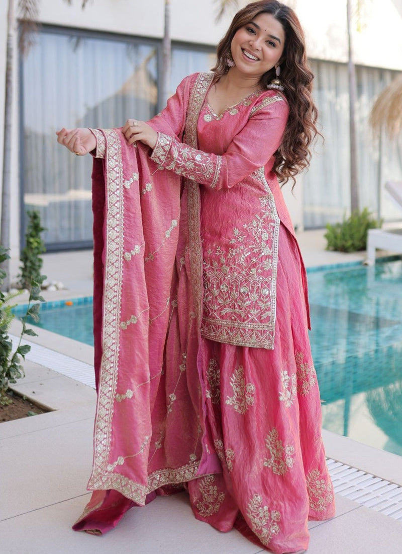 Vegaa Fashion Light-Pink Embroidered Fendi Silk Salwar Suit | Grocsy