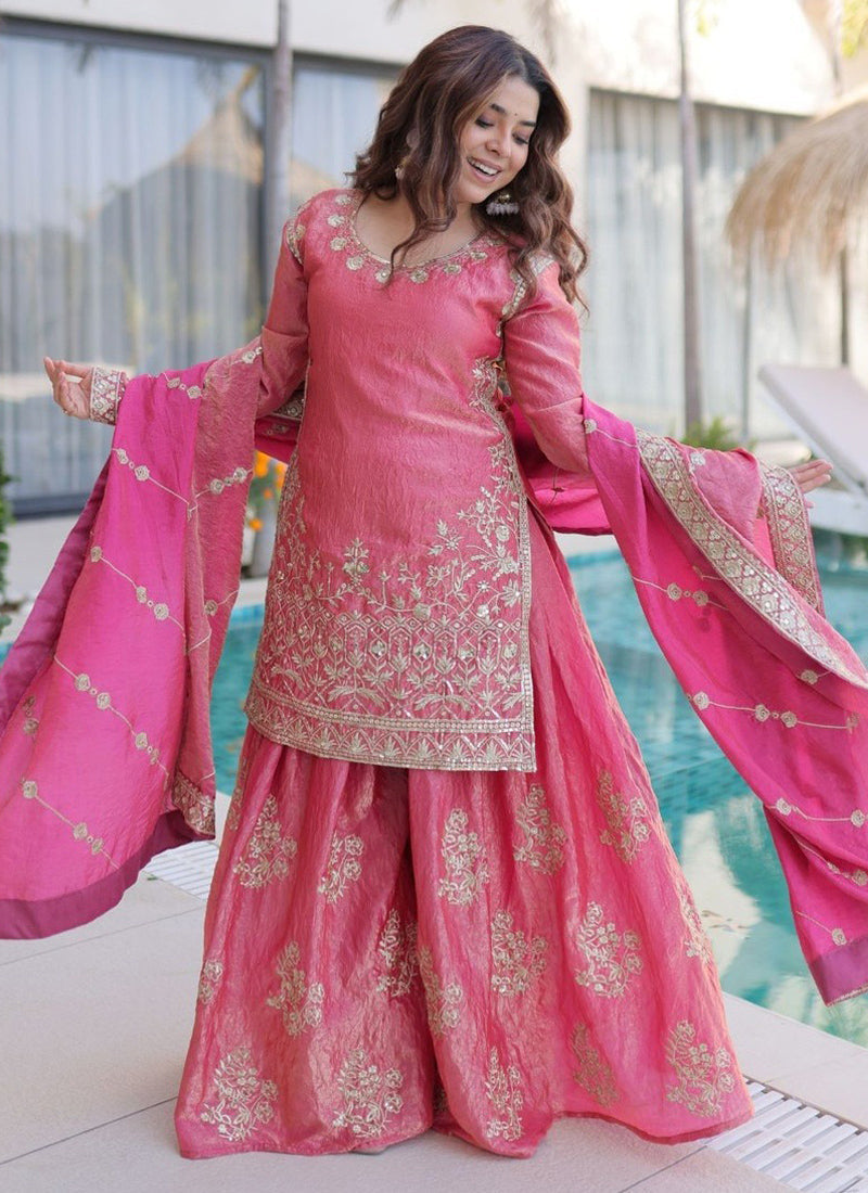Vegaa Fashion Light-Pink Embroidered Fendi Silk Salwar Suit | Grocsy