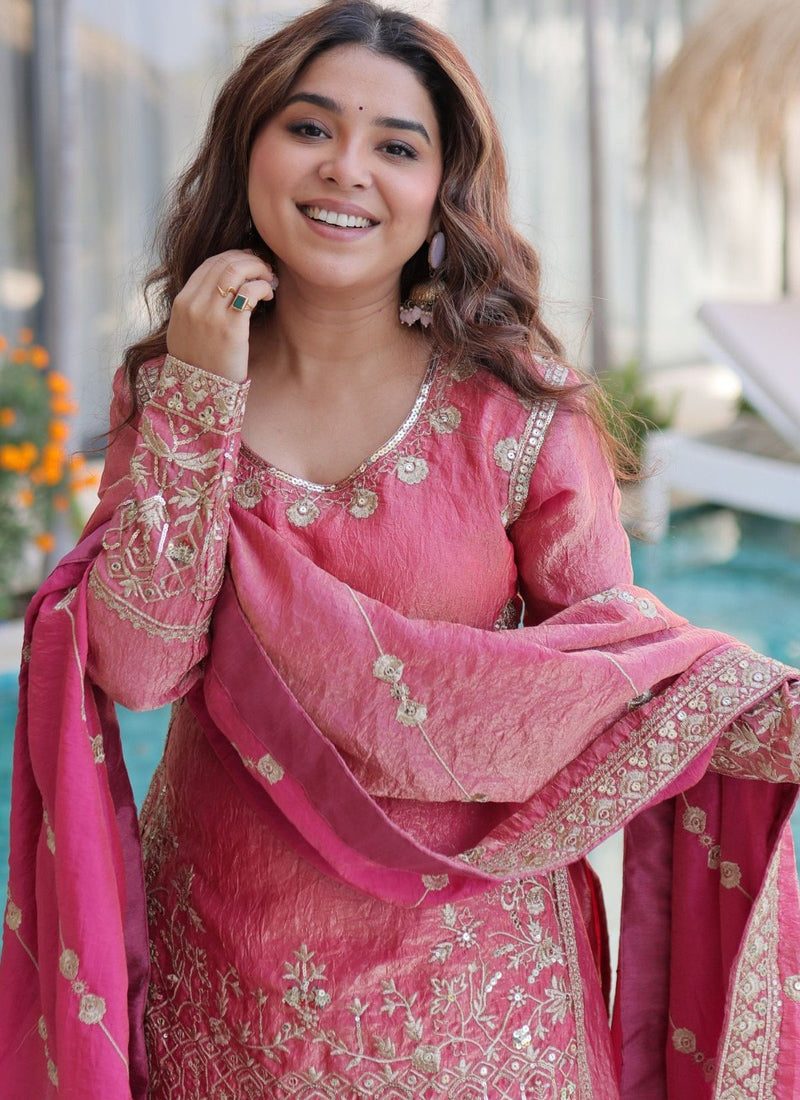Vegaa Fashion Light-Pink Embroidered Fendi Silk Salwar Suit | Grocsy