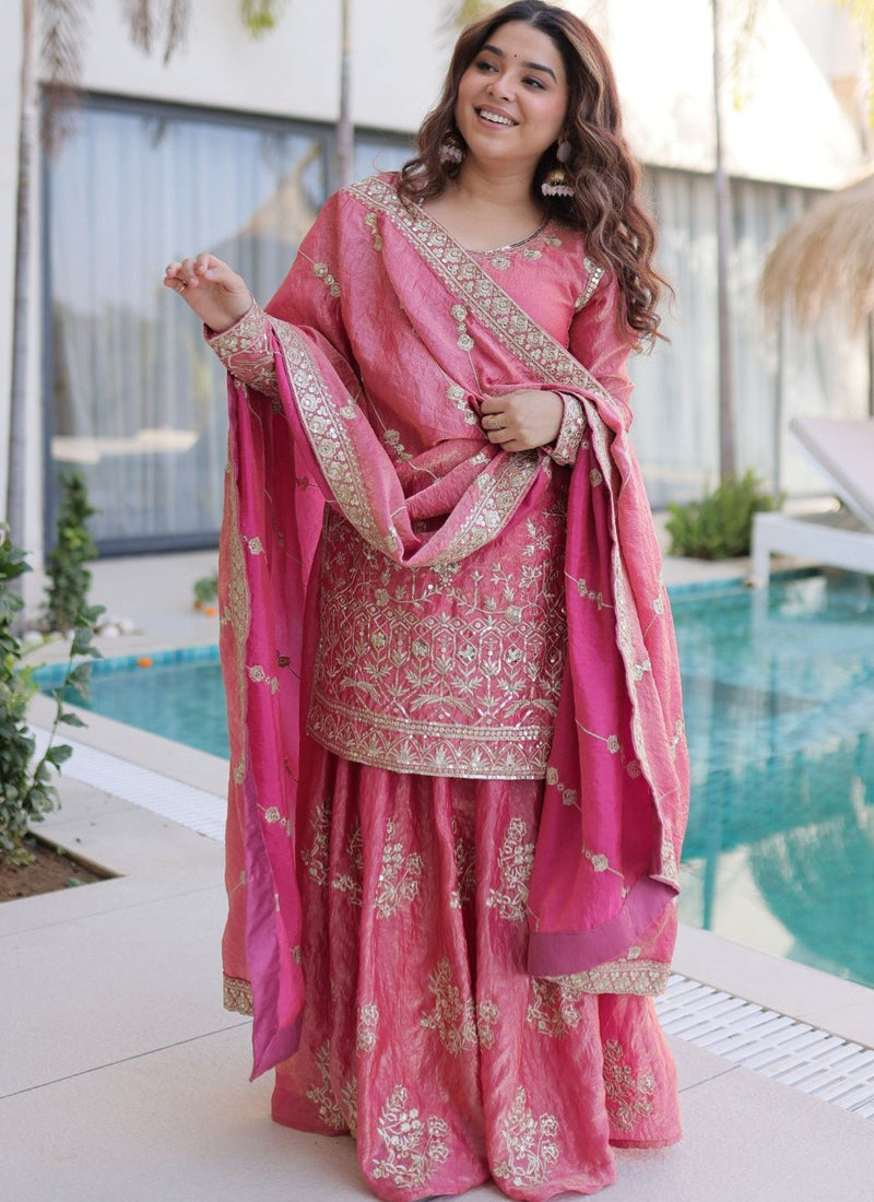 Vegaa Fashion Light-Pink Embroidered Fendi Silk Salwar Suit | Grocsy