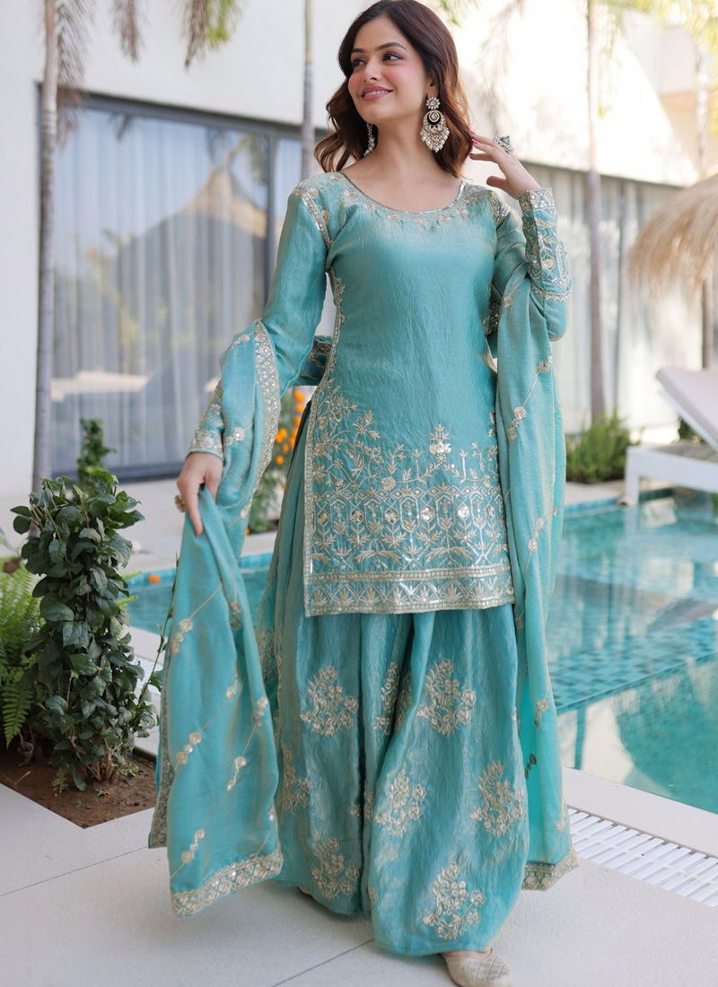 Vegaa Fashion Sky-Blue Embroidered Fendi Silk Salwar Suit | Grocsy