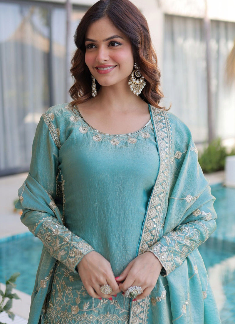 Vegaa Fashion Sky-Blue Embroidered Fendi Silk Salwar Suit | Grocsy