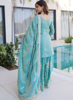 Vegaa Fashion Sky-Blue Embroidered Fendi Silk Salwar Suit | Grocsy