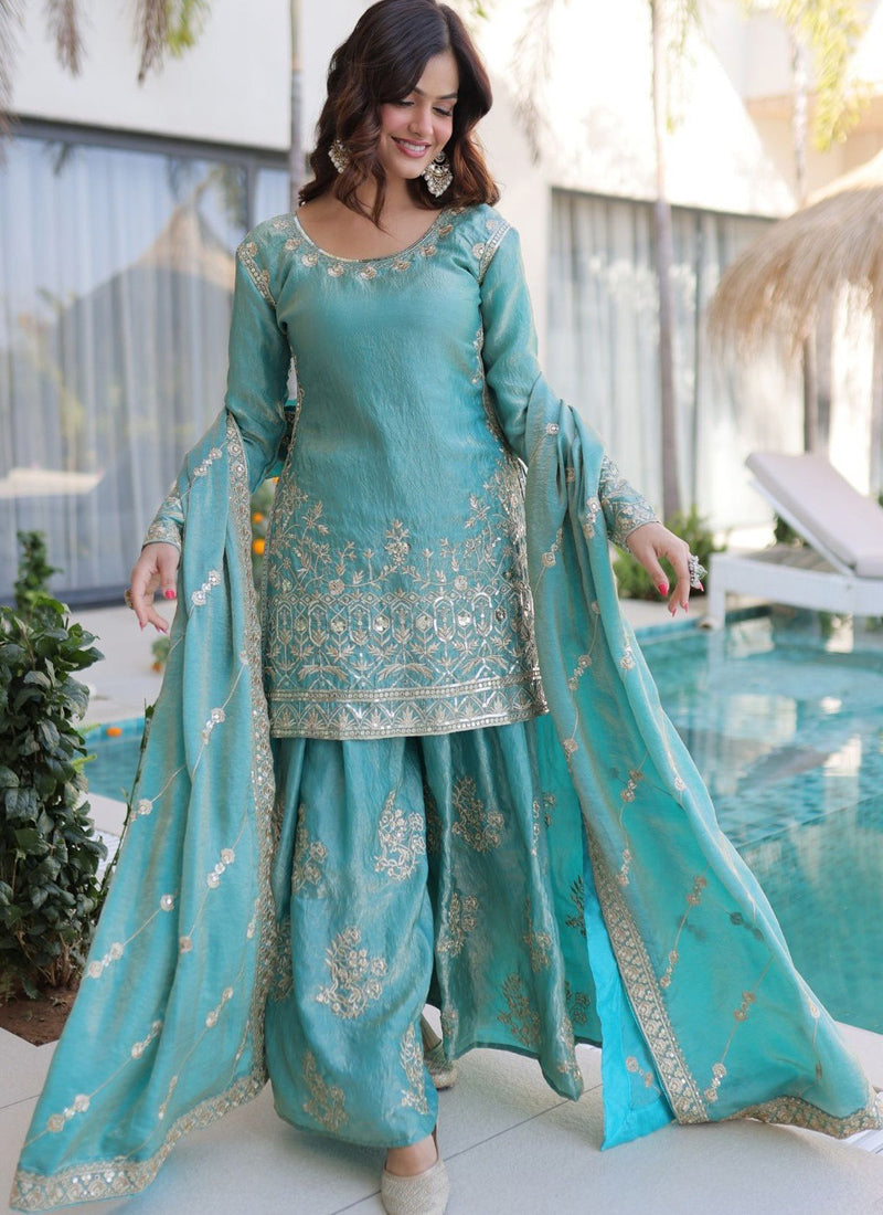 Vegaa Fashion Sky-Blue Embroidered Fendi Silk Salwar Suit | Grocsy