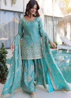Vegaa Fashion Sky-Blue Embroidered Fendi Silk Salwar Suit | Grocsy
