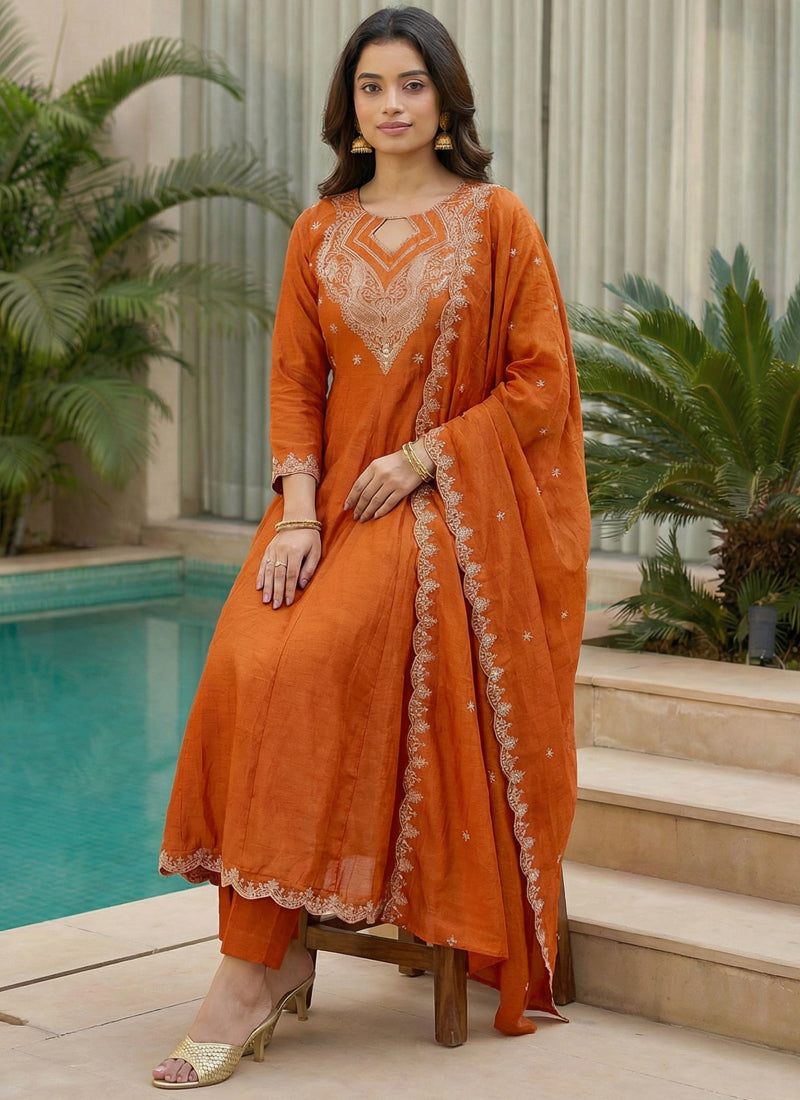 Vegaa Fashion Orange Embroidered Vichitra Anarkali Suit | Grocsy