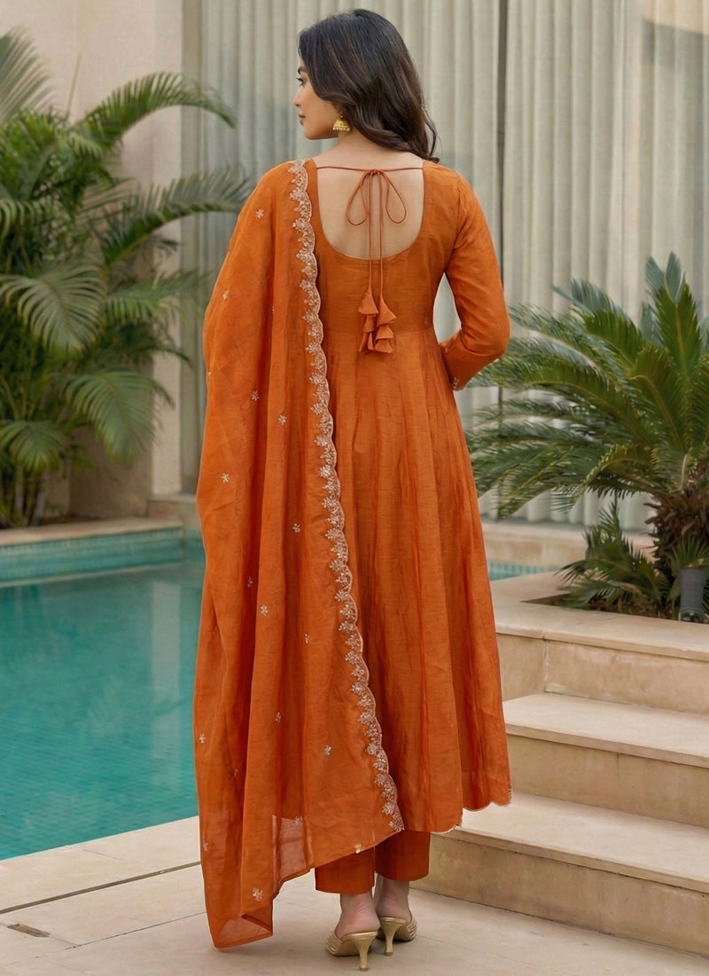 Vegaa Fashion Orange Embroidered Vichitra Anarkali Suit | Grocsy
