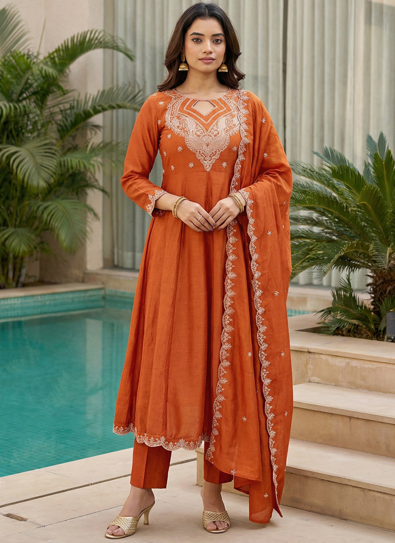 Vegaa Fashion Orange Embroidered Vichitra Anarkali Suit | Grocsy