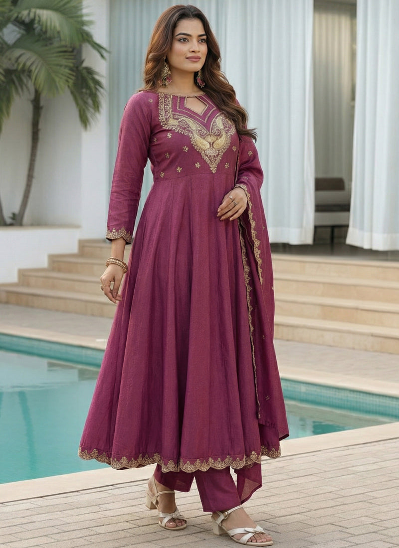 Vegaa Fashion Dark-Purple Embroidered Vichitra Anarkali Suit | Grocsy