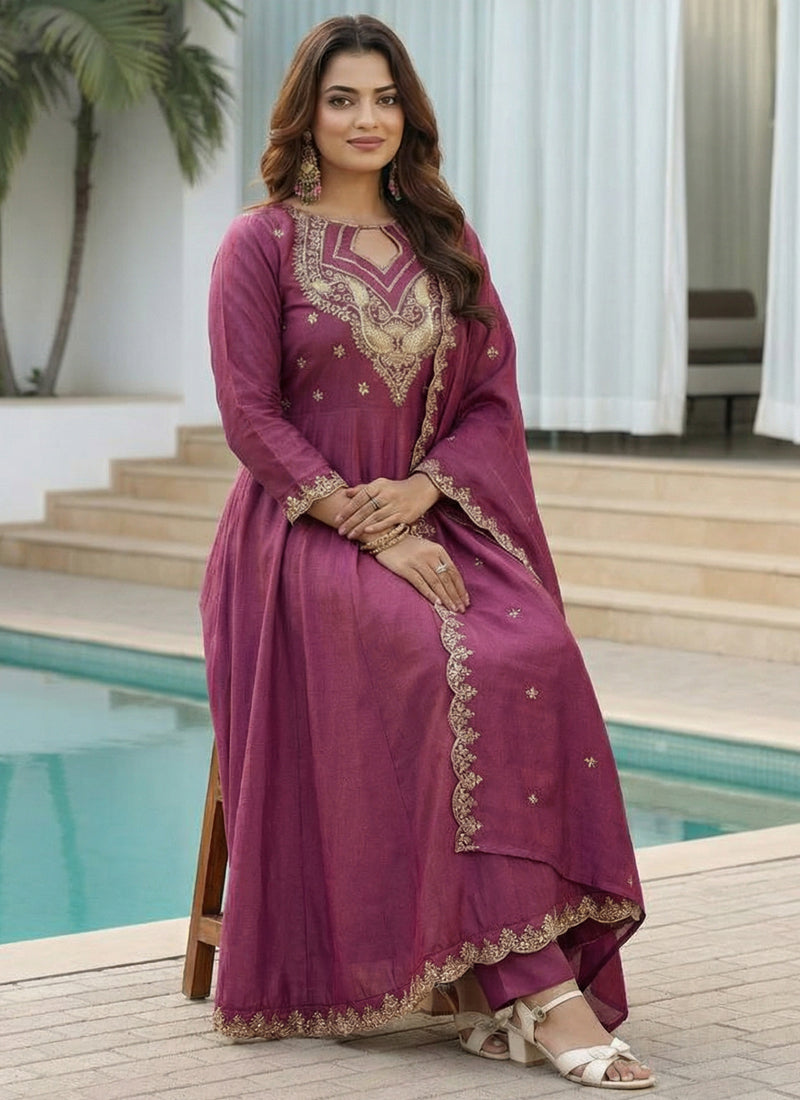 Vegaa Fashion Dark-Purple Embroidered Vichitra Anarkali Suit | Grocsy