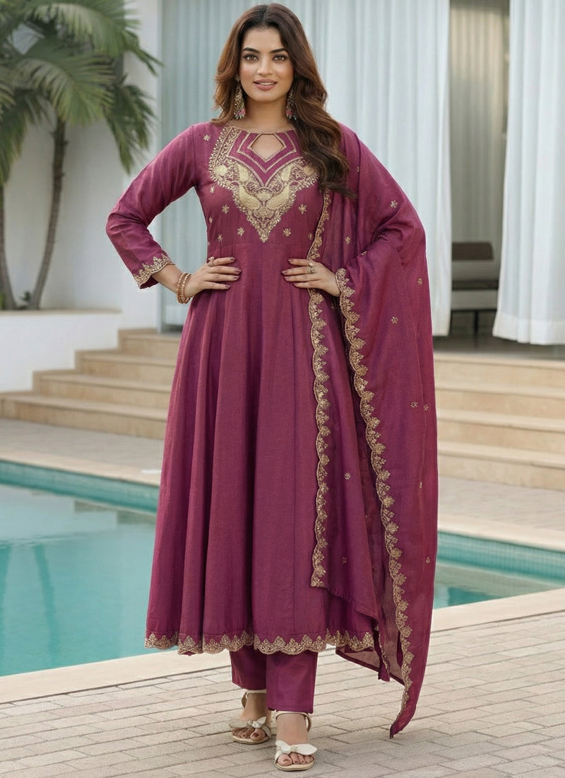 Vegaa Fashion Dark-Purple Embroidered Vichitra Anarkali Suit | Grocsy