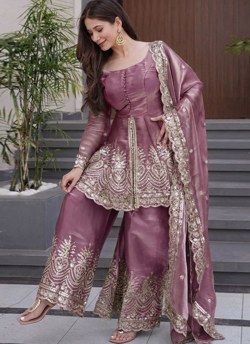 Vegaa Fashion Dark-Pink Embroidered Fendi Silk Salwar Suit | Grocsy