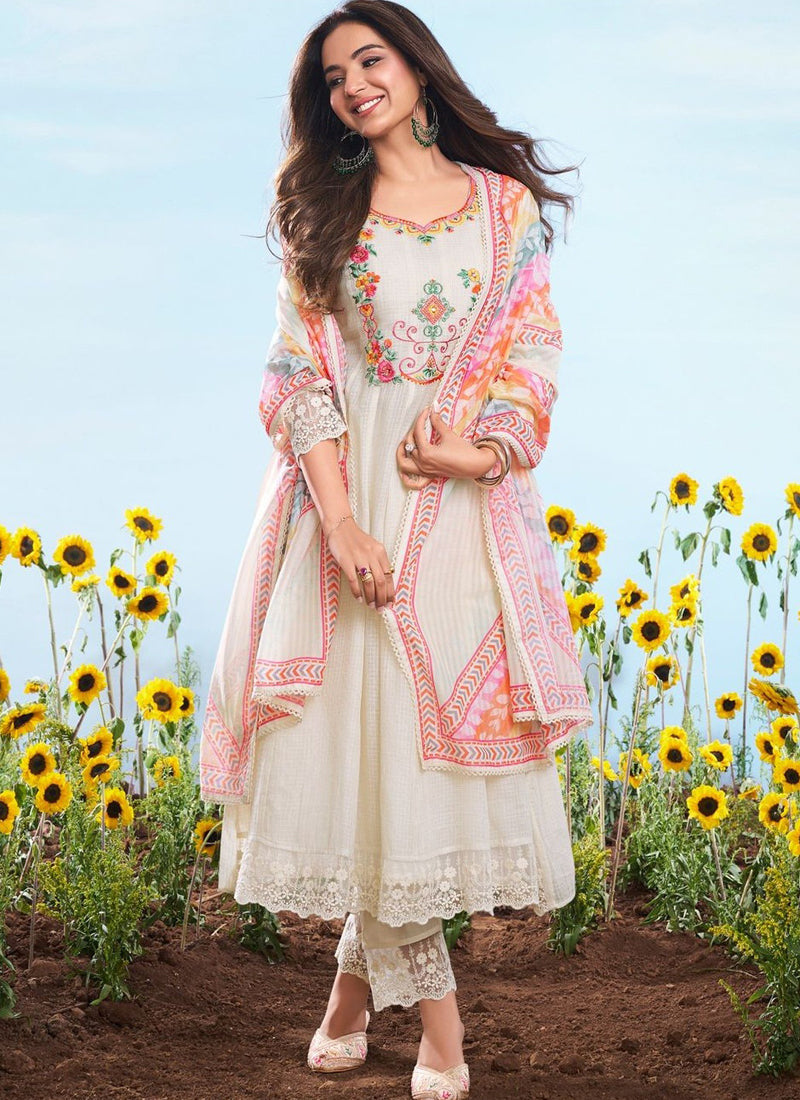Vegaa Fashion Off-White Embroidered Cotton Anarkali Suit | Grocsy