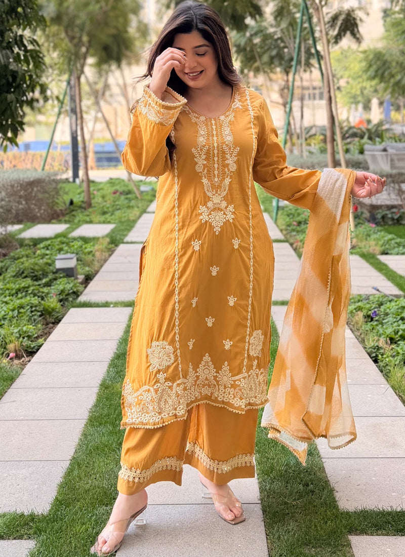 Vegaa Fashion Mustard Embroidered Vichitra Salwar Suit | Grocsy