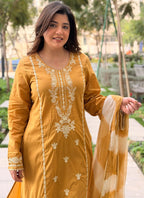 Vegaa Fashion Mustard Embroidered Vichitra Salwar Suit | Grocsy