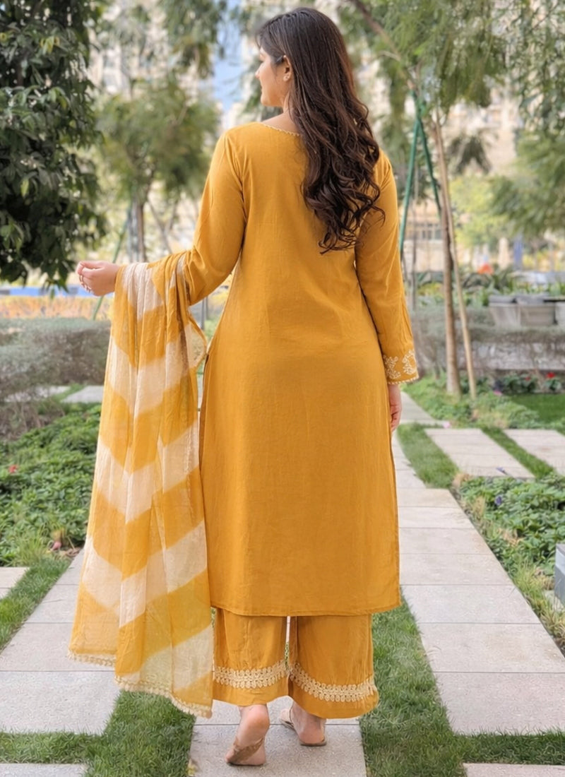 Vegaa Fashion Mustard Embroidered Vichitra Salwar Suit | Grocsy