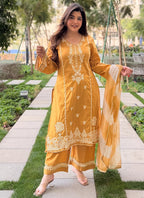 Vegaa Fashion Mustard Embroidered Vichitra Salwar Suit | Grocsy
