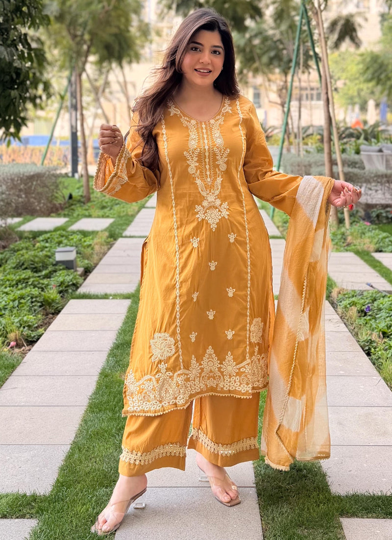 Vegaa Fashion Mustard Embroidered Vichitra Salwar Suit | Grocsy